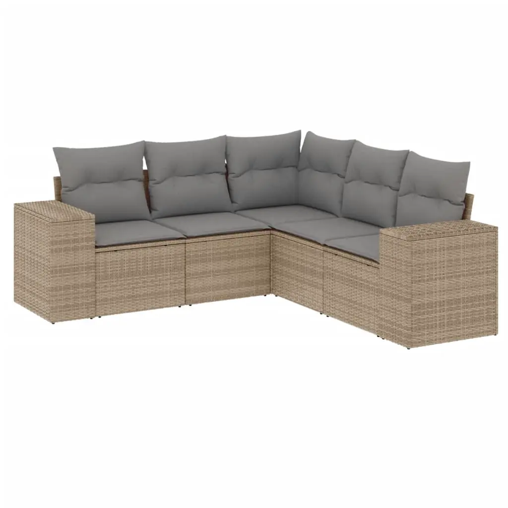 5 Piece Garden Sofa Set with Cushions Beige Poly Rattan 3222548 - Furniture