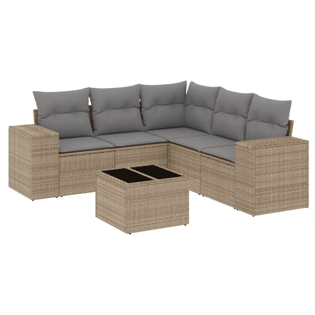 6 Piece Garden Sofa Set with Cushions Beige Poly Rattan 3222558 - Furniture
