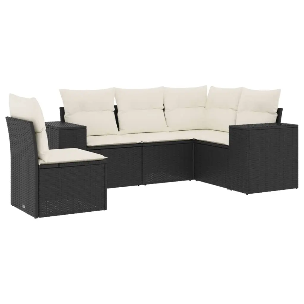 5 Piece Garden Sofa Set with Cushions Black Poly Rattan 3222565 - Furniture