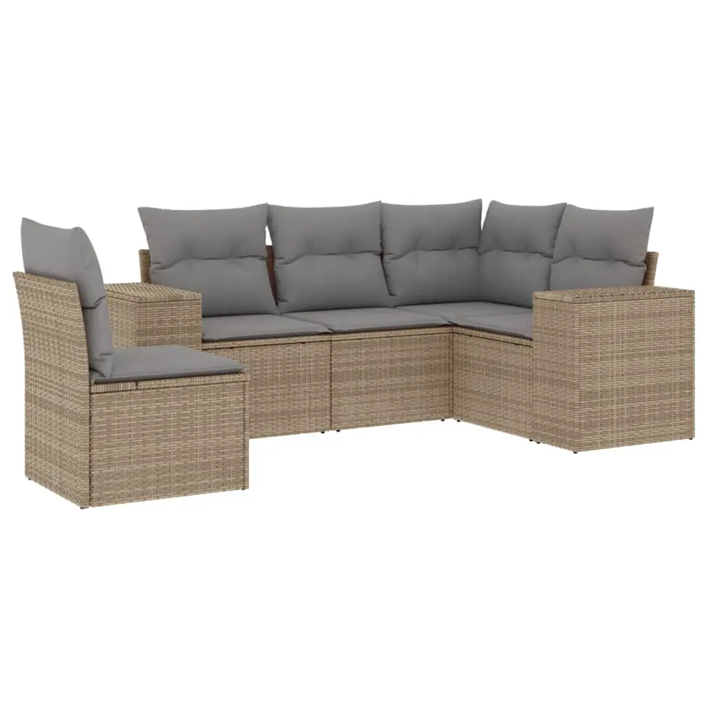 5 Piece Garden Sofa Set with Cushions Beige Poly Rattan 3222568 - Furniture