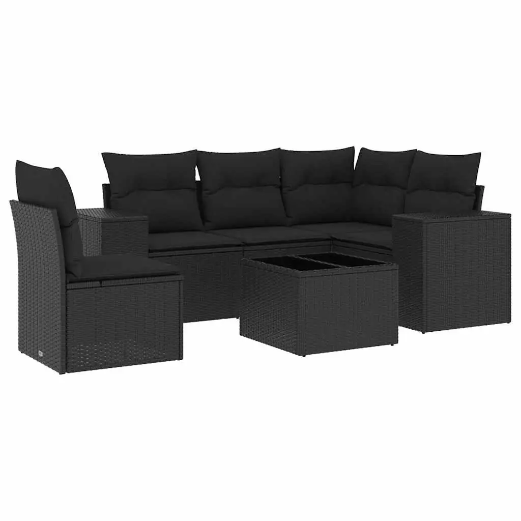 6 Piece Garden Sofa Set with Cushions Black Poly Rattan 3222574 - Furniture