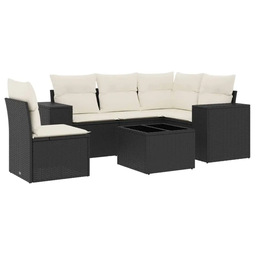 6 Piece Garden Sofa Set with Cushions Black Poly Rattan 3222575 - Furniture
