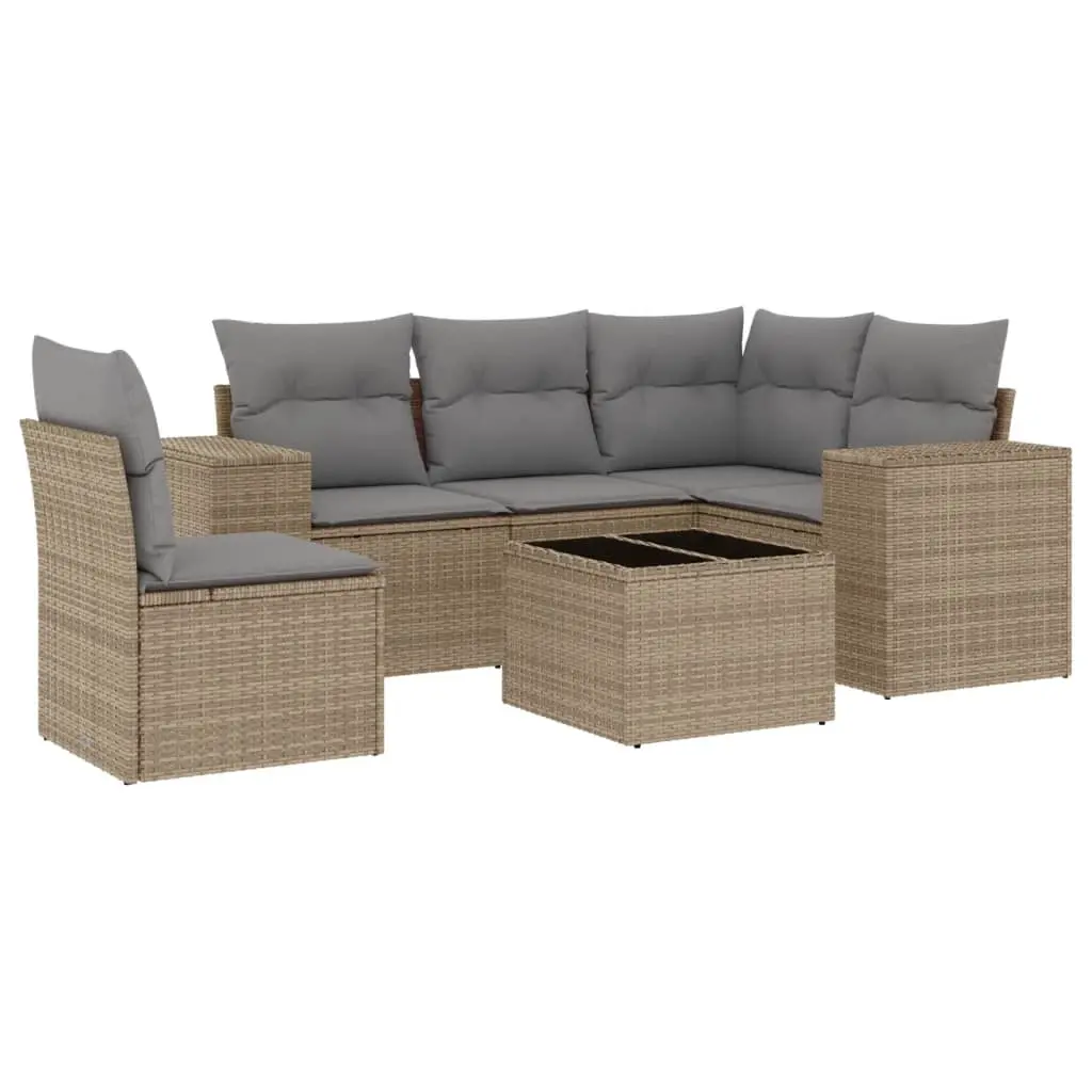 6 Piece Garden Sofa Set with Cushions Beige Poly Rattan 3222578 - Furniture