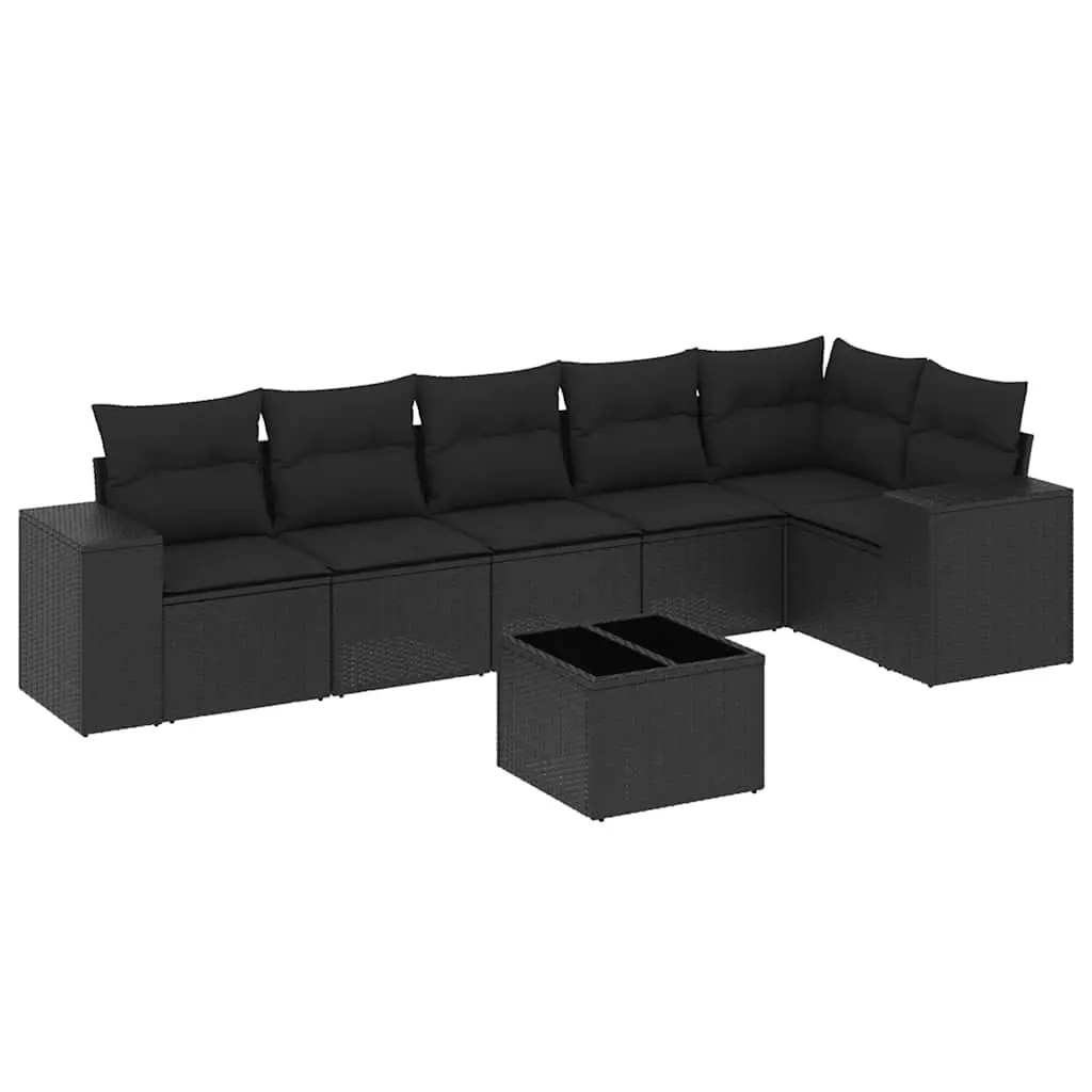 7 Piece Garden Sofa Set with Cushions Black Poly Rattan 3222594 - Furniture
