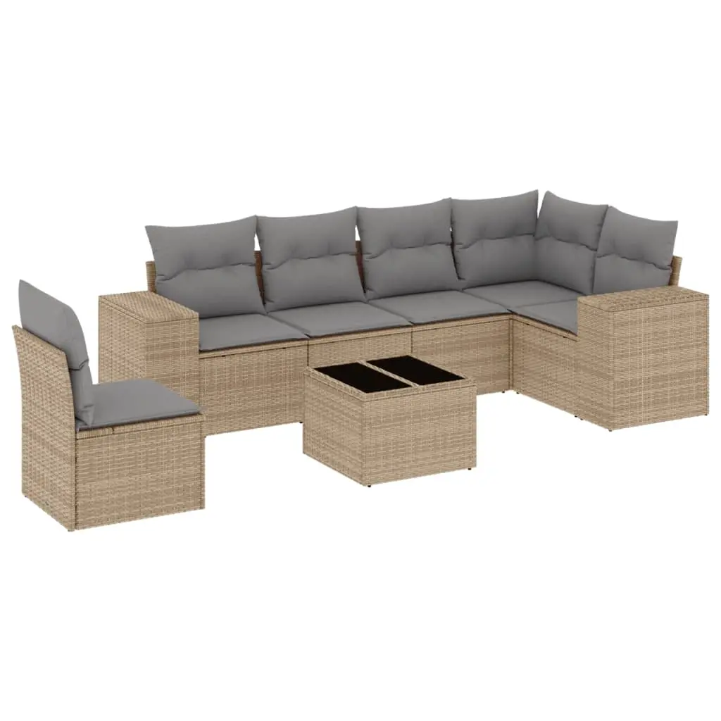 7 Piece Garden Sofa Set with Cushions Beige Poly Rattan 3222638 - Furniture