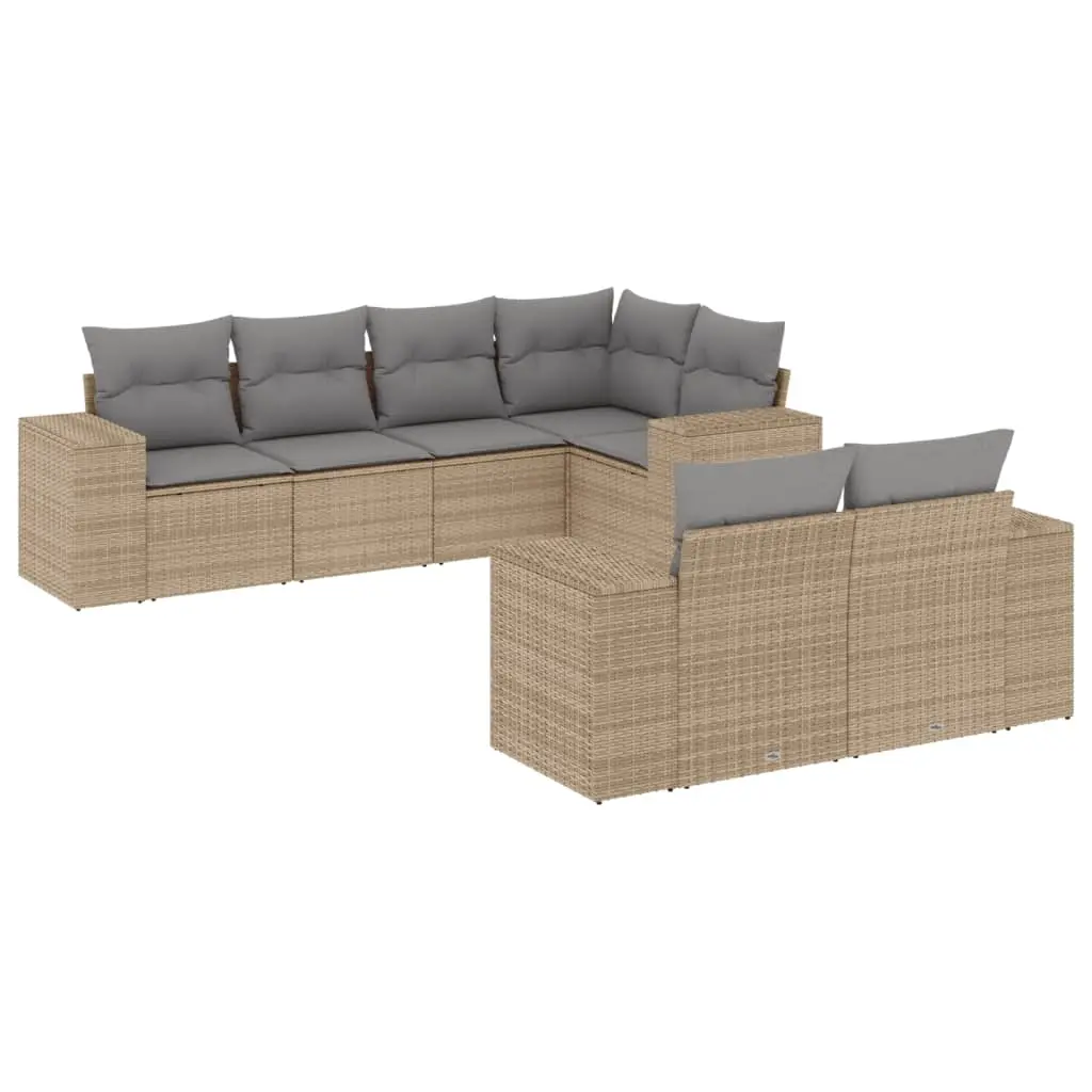 7 Piece Garden Sofa Set with Cushions Beige Poly Rattan 3222808 - Furniture