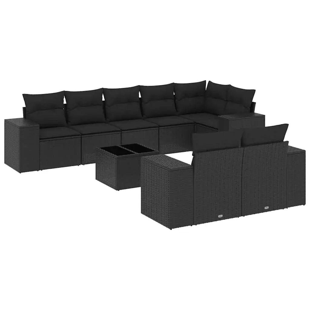 9 Piece Garden Sofa Set with Cushions Black Poly Rattan 3222824 - Furniture