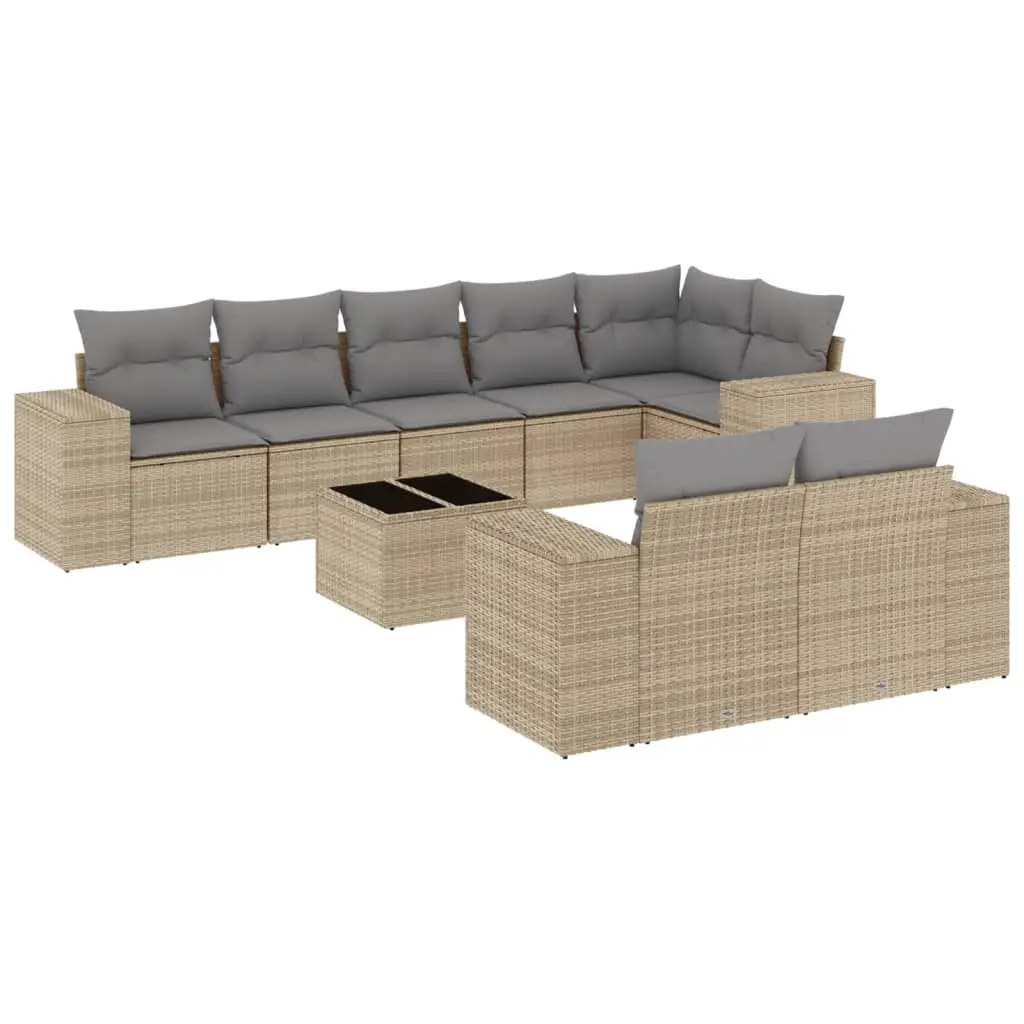 9 Piece Garden Sofa Set with Cushions Beige Poly Rattan 3222828 - Furniture