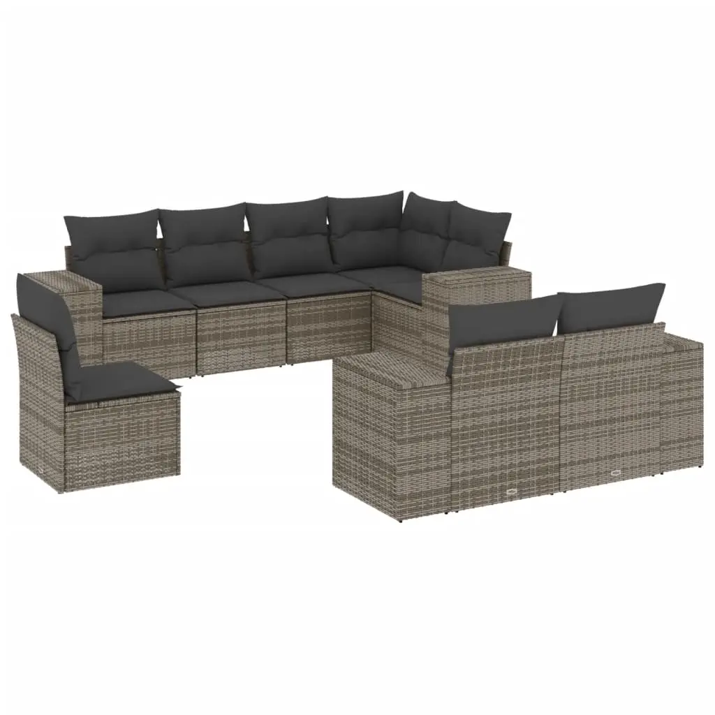 8 Piece Garden Sofa Set with Cushions Grey Poly Rattan 3222839 - Furniture