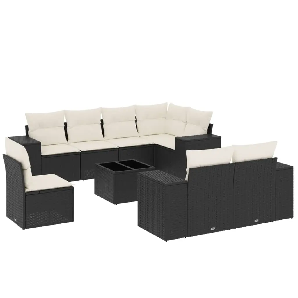 9 Piece Garden Sofa Set with Cushions Black Poly Rattan 3222845 - Furniture