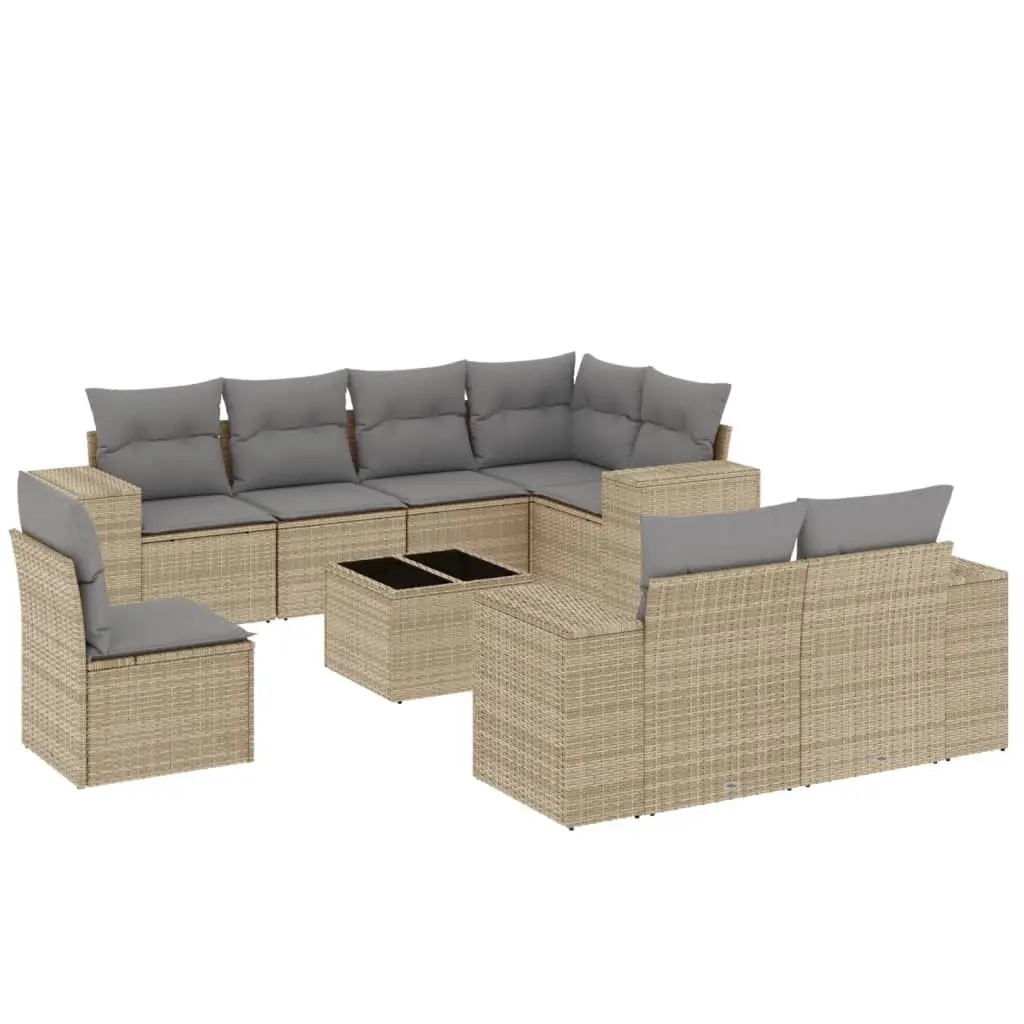 9 Piece Garden Sofa Set with Cushions Beige Poly Rattan 3222848 - Furniture