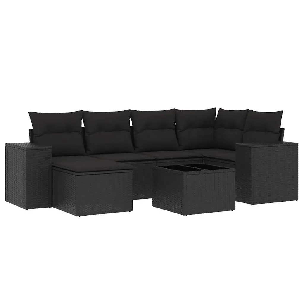 7 Piece Garden Sofa Set with Cushions Black Poly Rattan 3222864 - Furniture