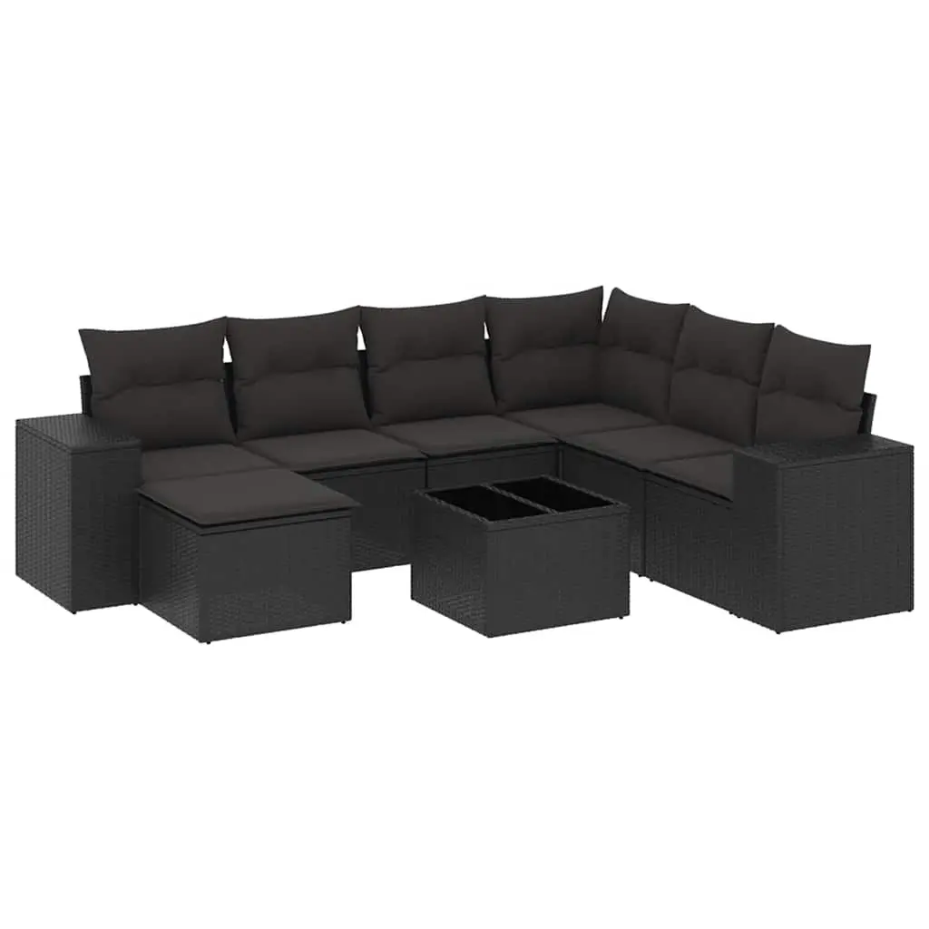 8 Piece Garden Sofa Set with Cushions Black Poly Rattan 3222904 - Furniture