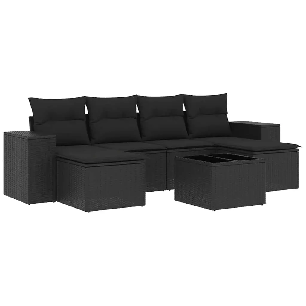 7 Piece Garden Sofa Set with Cushions Black Poly Rattan 3222924 - Furniture