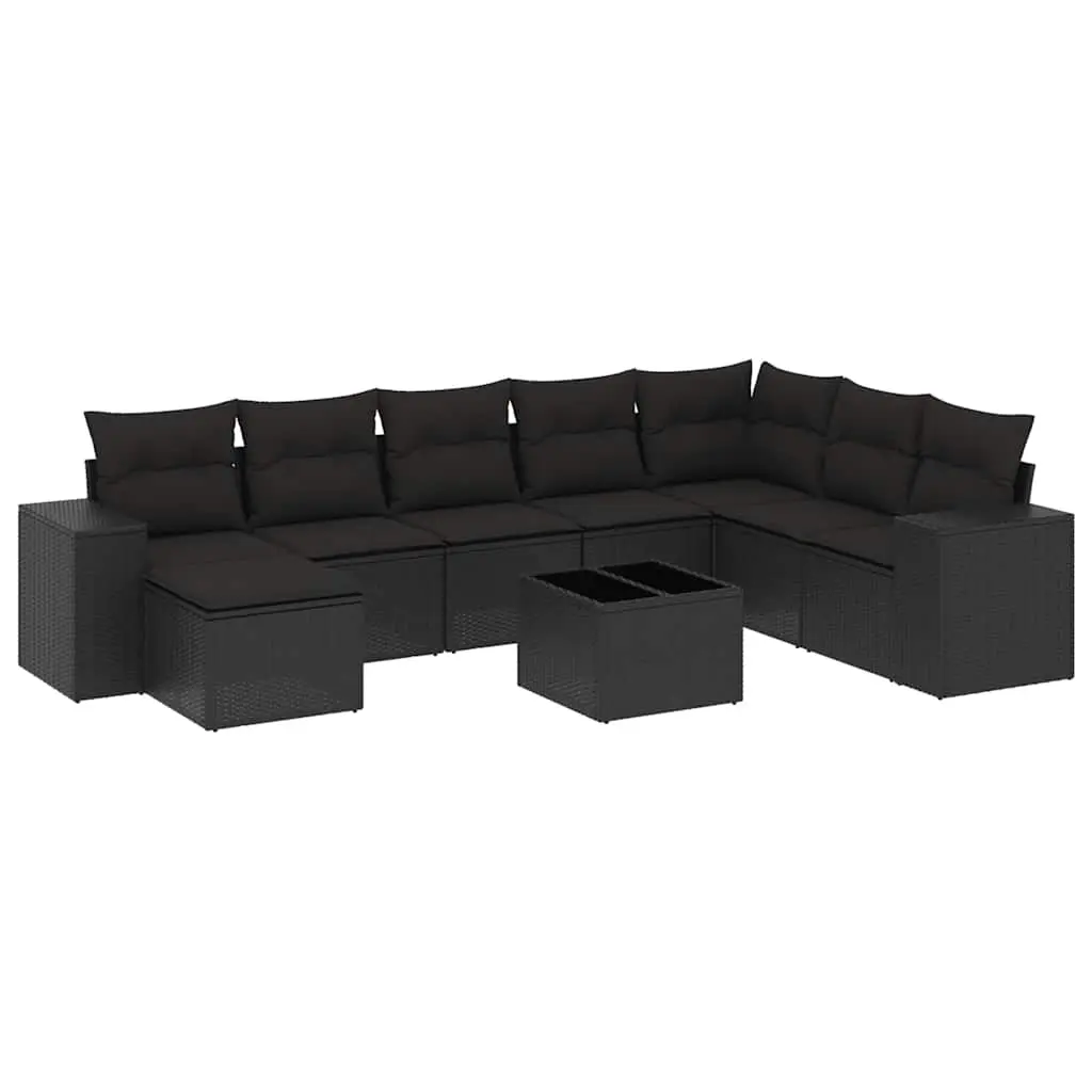 9 Piece Garden Sofa Set with Cushions Black Poly Rattan 3222964 - Furniture