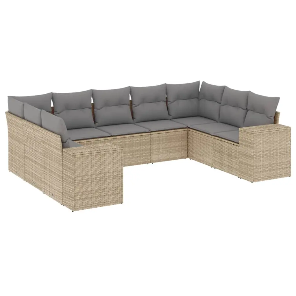 9 Piece Garden Sofa Set with Cushions Beige Poly Rattan 3222998 - Furniture