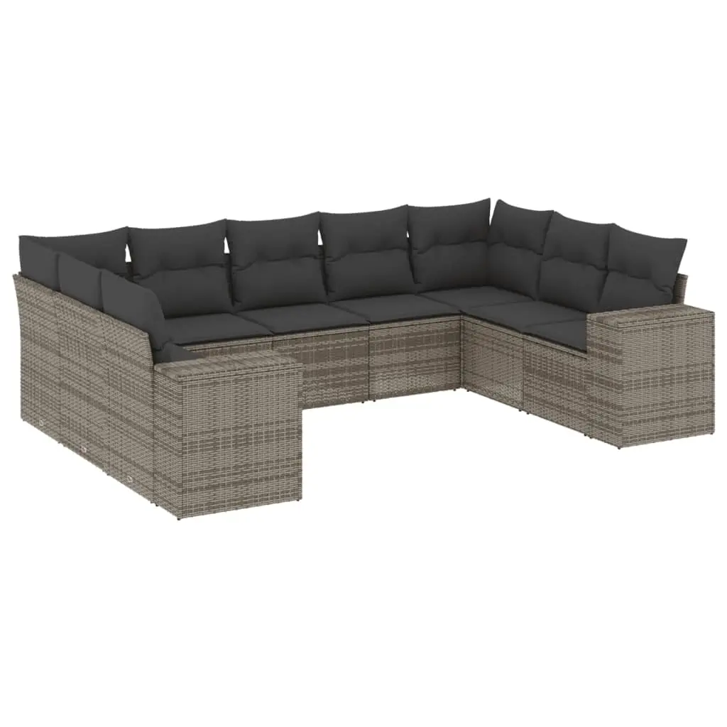 9 Piece Garden Sofa Set with Cushions Grey Poly Rattan 3222999 - Furniture