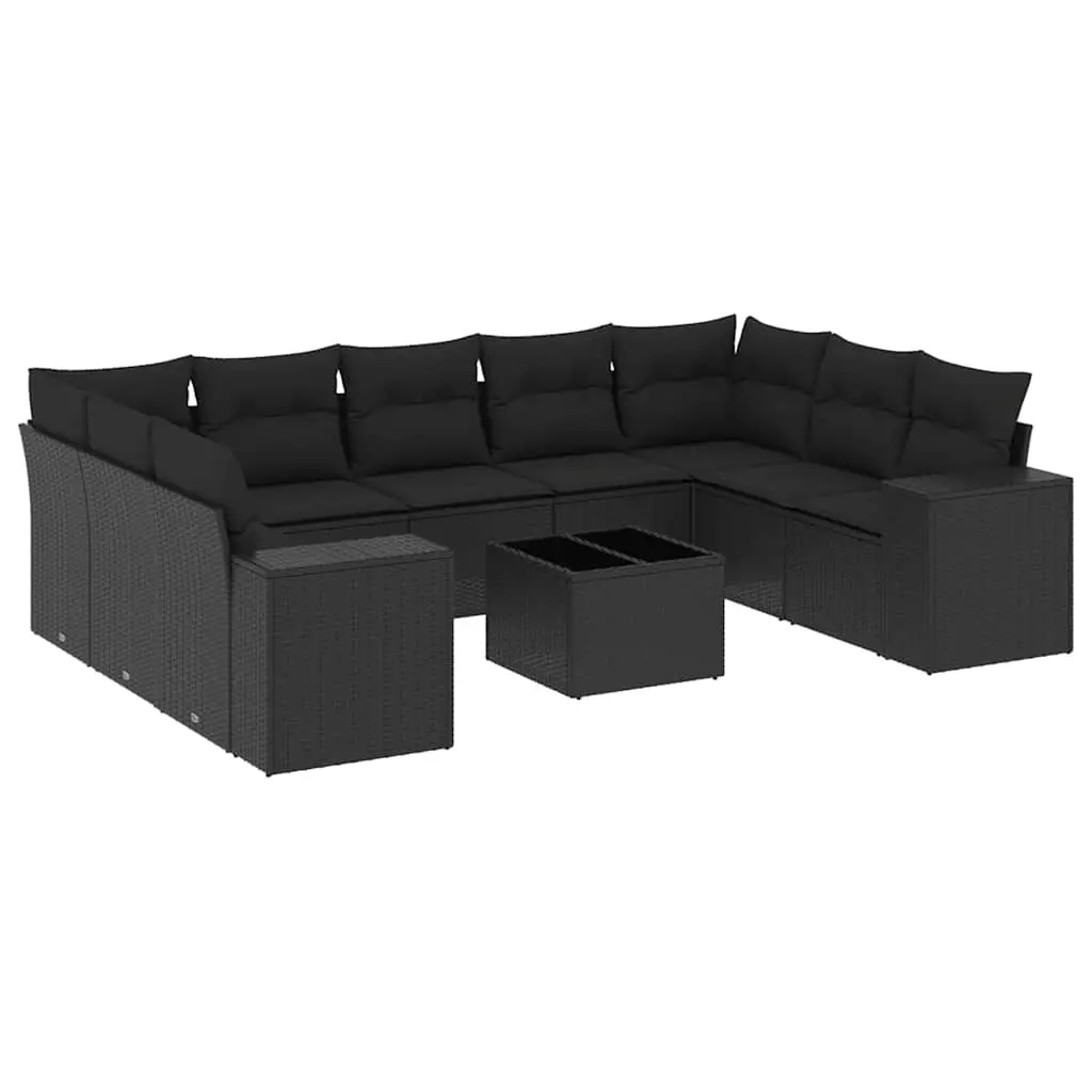 10 Piece Garden Sofa Set with Cushions Black Poly Rattan 3223004 - Furniture
