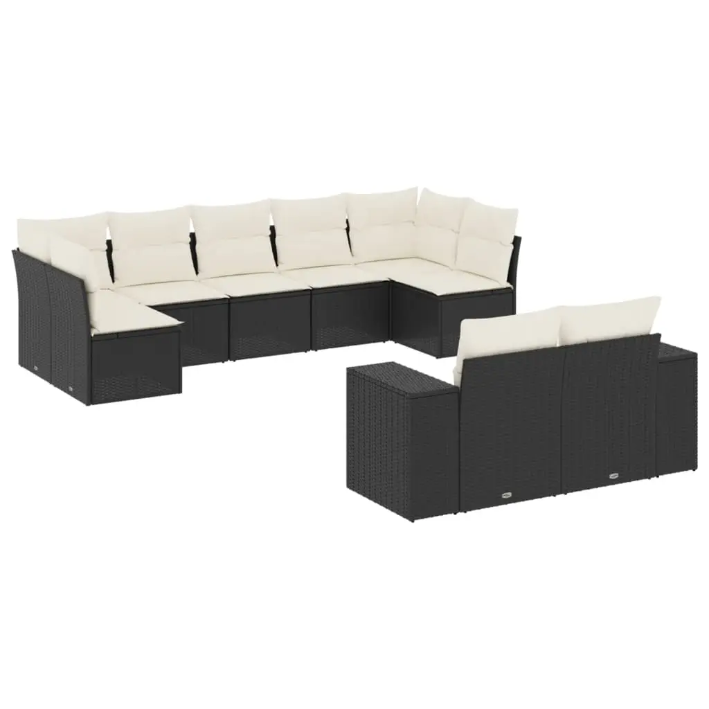 9 Piece Garden Sofa Set with Cushions Black Poly Rattan 3223015 - Furniture