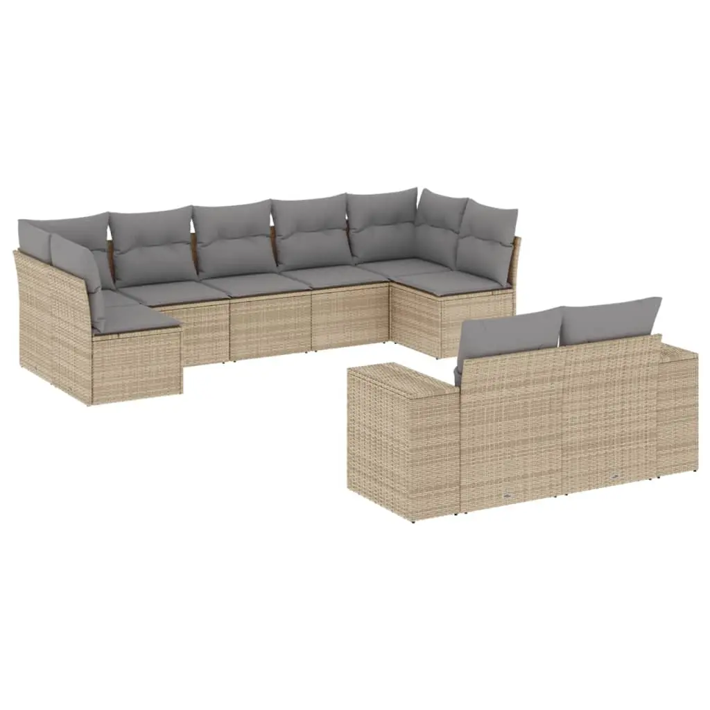 9 Piece Garden Sofa Set with Cushions Beige Poly Rattan 3223018 - Furniture