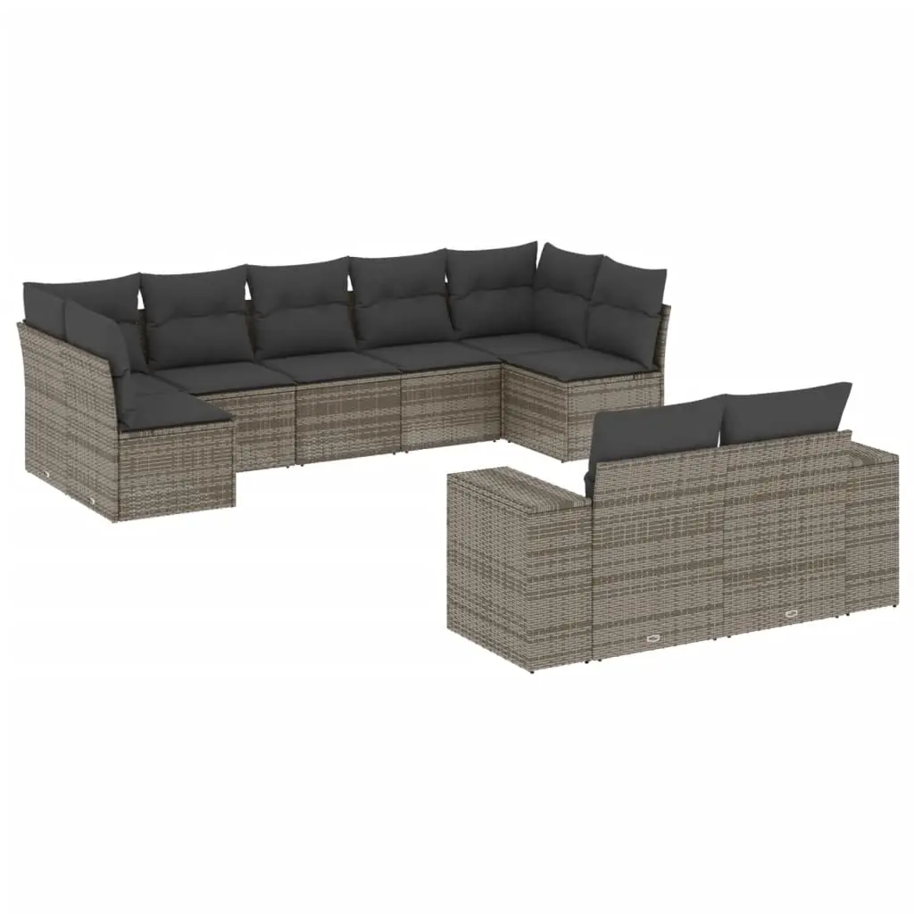 9 Piece Garden Sofa Set with Cushions Grey Poly Rattan 3223019 - Furniture