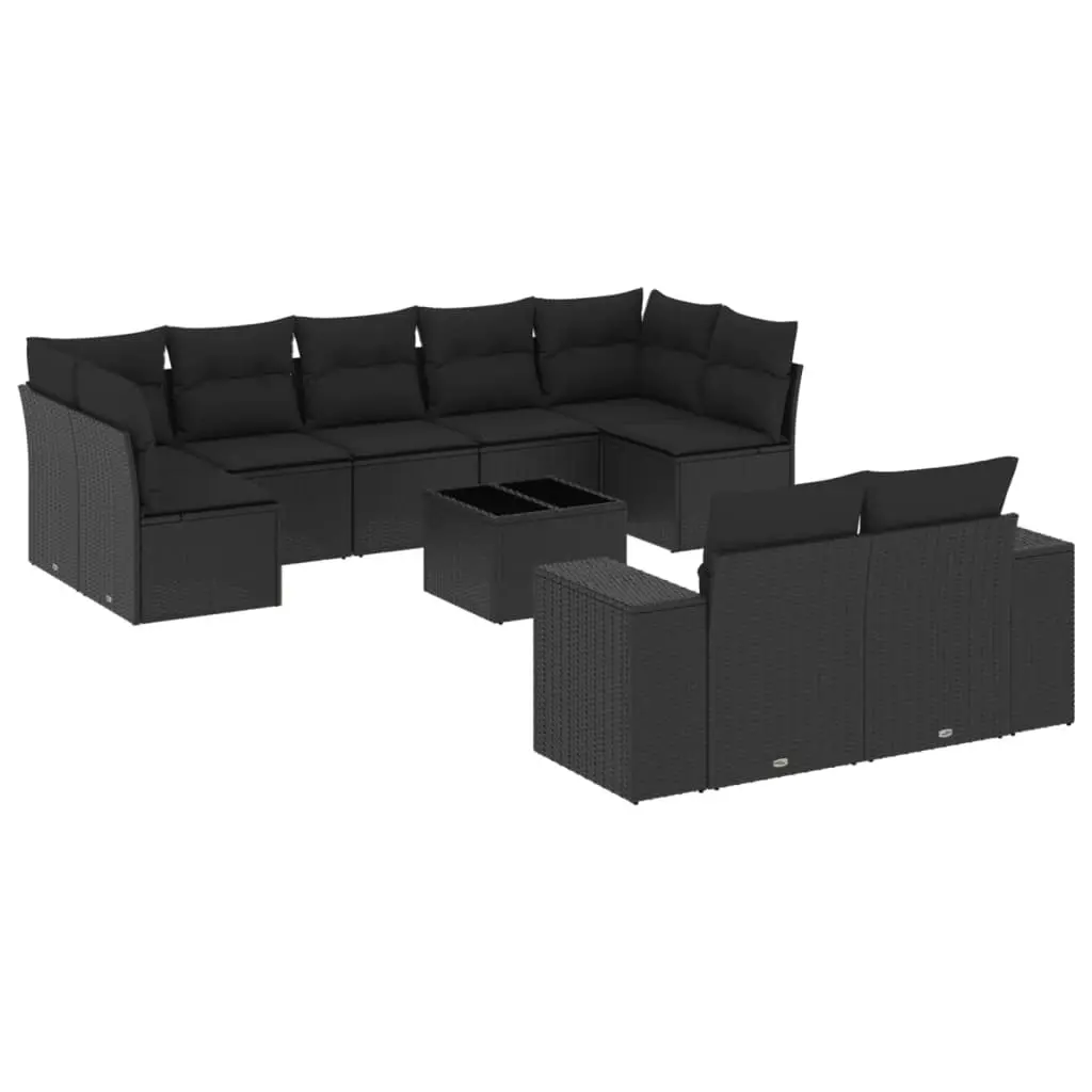10 Piece Garden Sofa Set with Cushions Black Poly Rattan 3223024 - Furniture