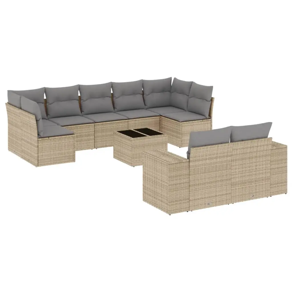 10 Piece Garden Sofa Set with Cushions Beige Poly Rattan 3223028 - Furniture