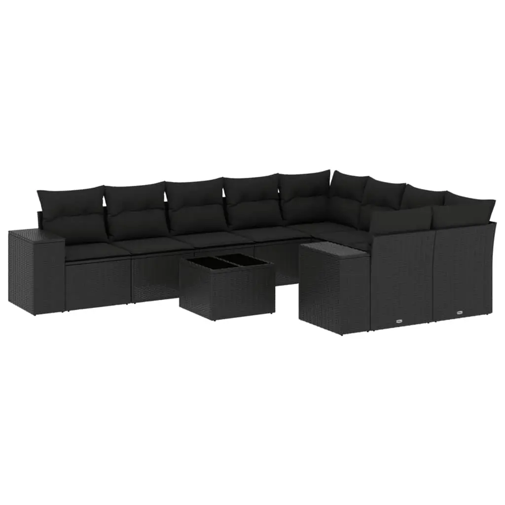 10 Piece Garden Sofa Set with Cushions Black Poly Rattan 3223044 - Furniture
