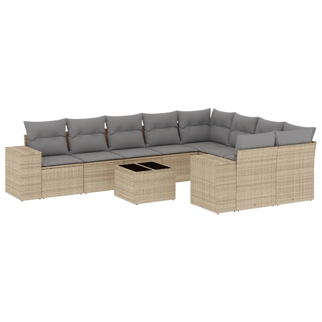 10 Piece Garden Sofa Set with Cushions Beige Poly Rattan 3223048 - Furniture