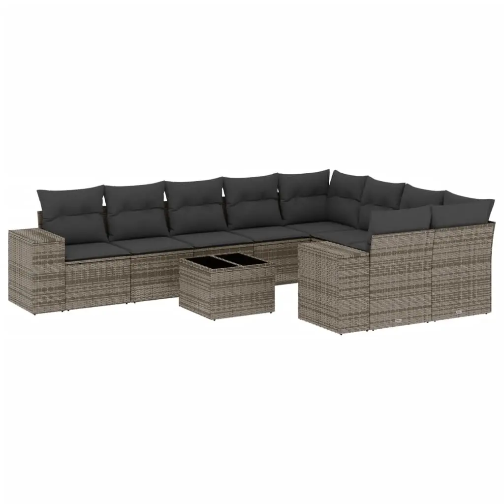 10 Piece Garden Sofa Set with Cushions Grey Poly Rattan 3223049 - Furniture