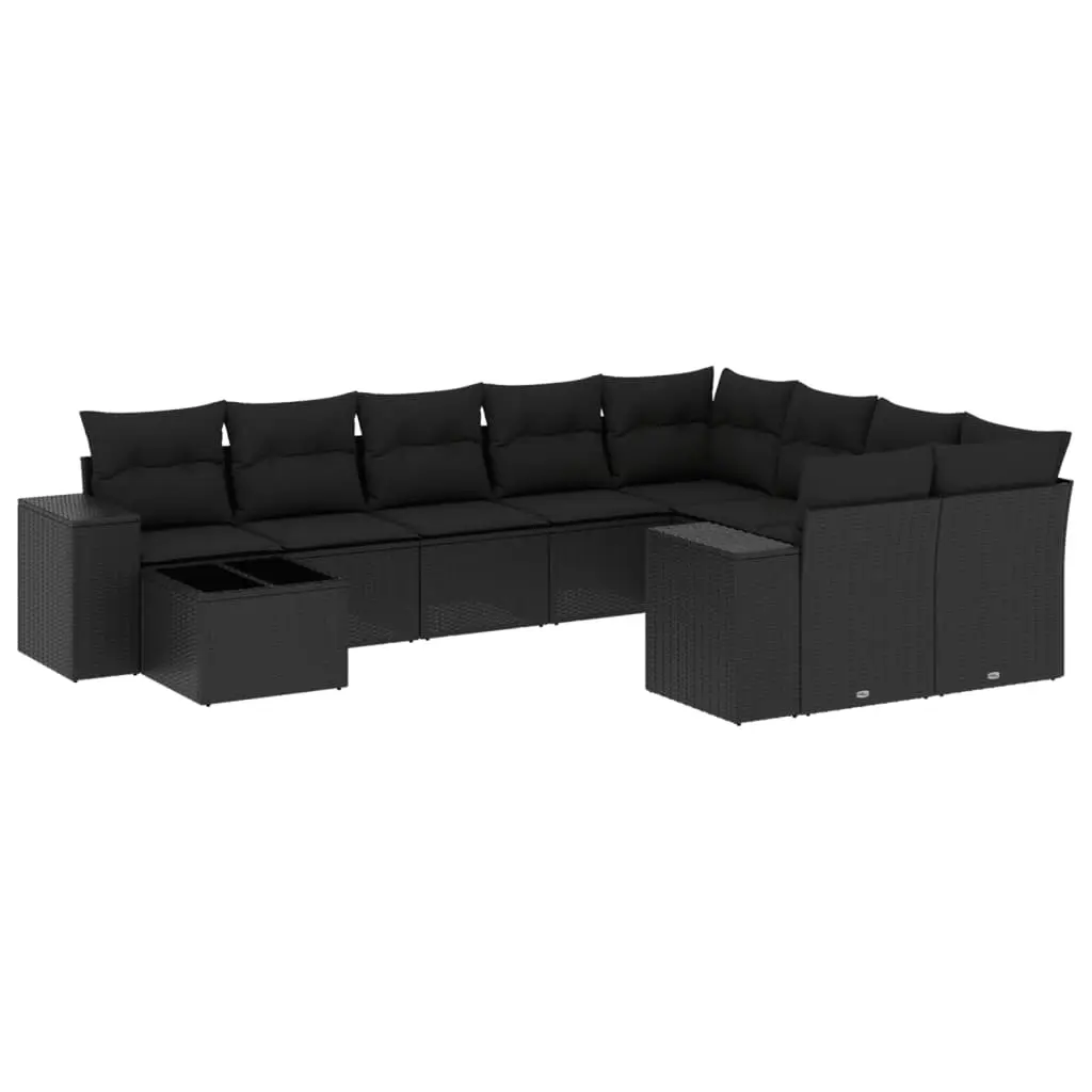 10 Piece Garden Sofa Set with Cushions Black Poly Rattan 3223054 - Furniture