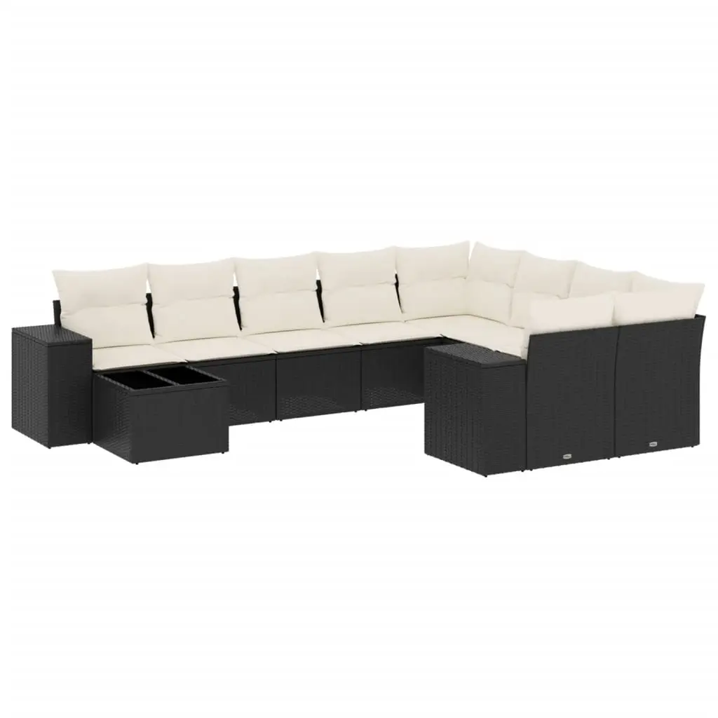 10 Piece Garden Sofa Set with Cushions Black Poly Rattan 3223055 - Furniture