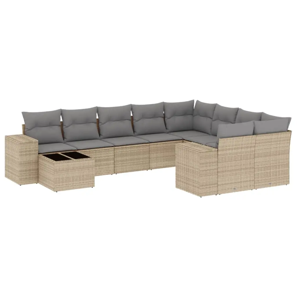 10 Piece Garden Sofa Set with Cushions Beige Poly Rattan 3223058 - Furniture