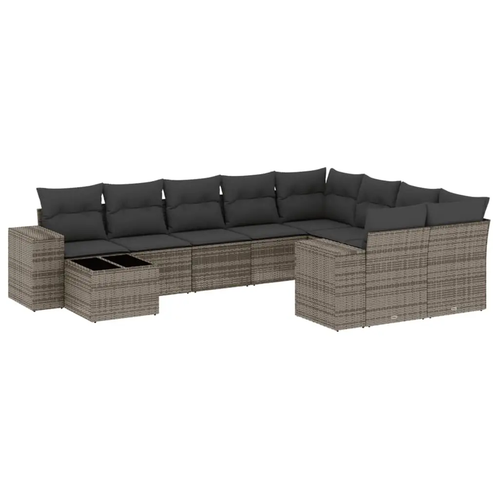 10 Piece Garden Sofa Set with Cushions Grey Poly Rattan 3223059 - Furniture