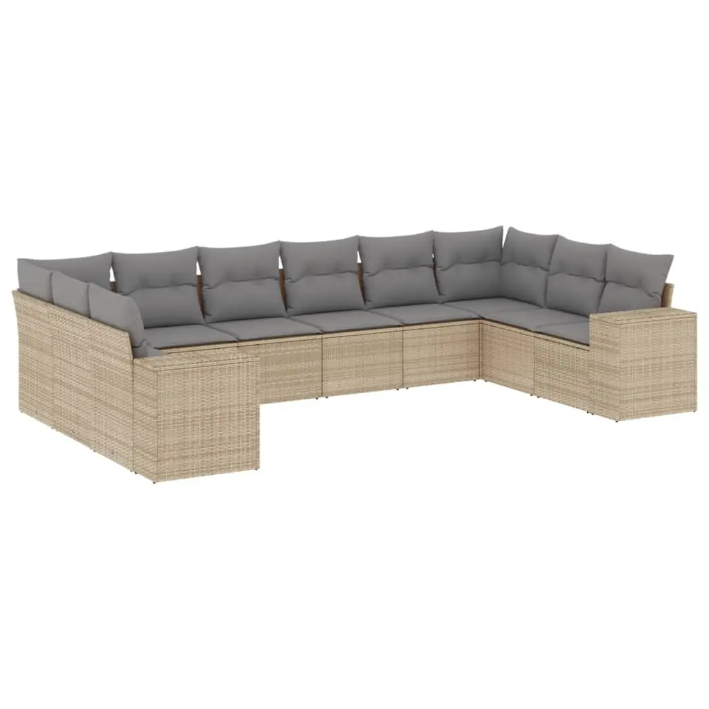 10 Piece Garden Sofa Set with Cushions Beige Poly Rattan 3223068 - Furniture