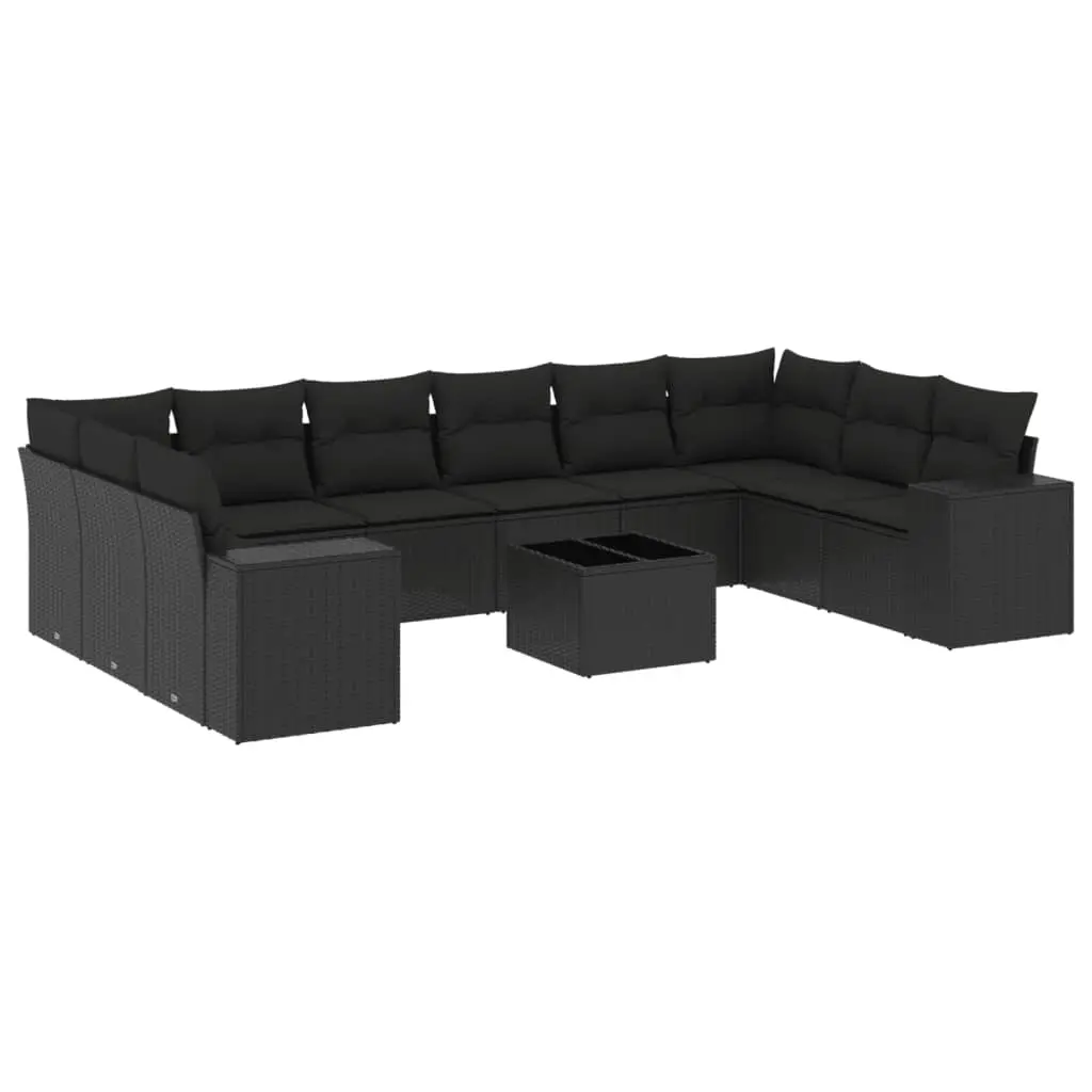 11 Piece Garden Sofa Set with Cushions Black Poly Rattan 3223074 - Furniture