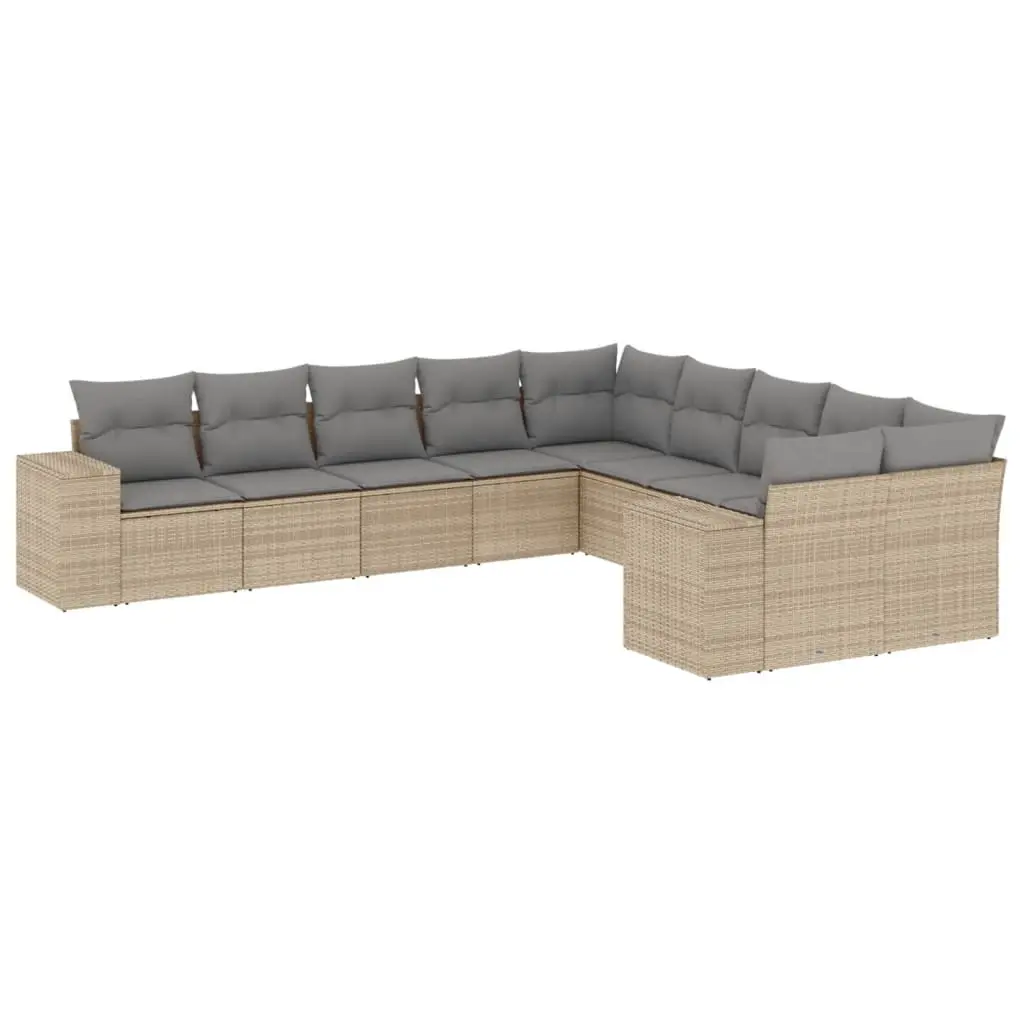 10 Piece Garden Sofa Set with Cushions Beige Poly Rattan 3223108 - Furniture