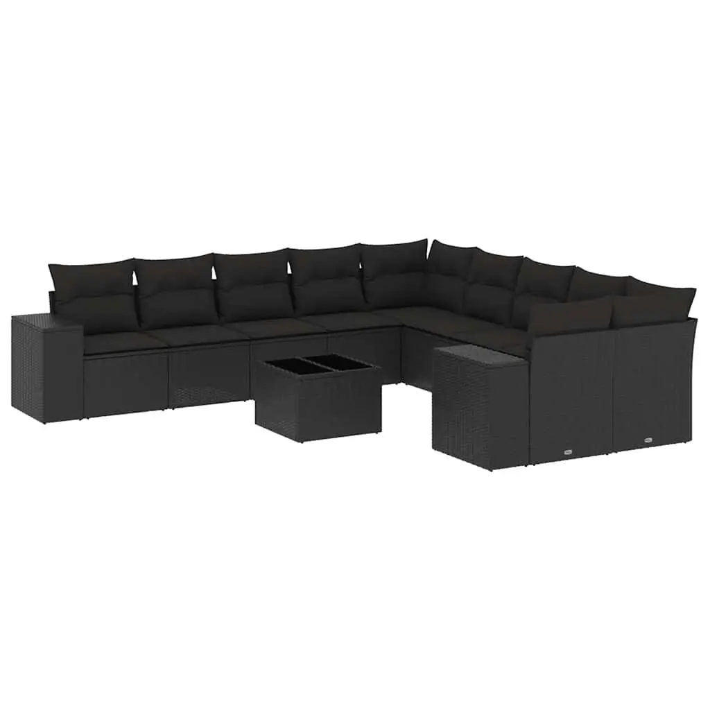 11 Piece Garden Sofa Set with Cushions Black Poly Rattan 3223114 - Furniture