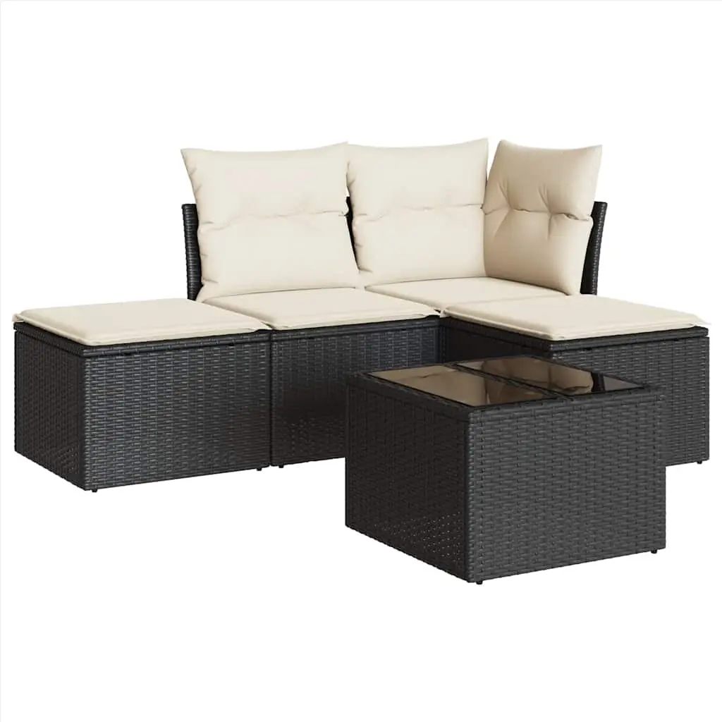 5 Piece Garden Sofa Set with Cushions Black Poly Rattan 3217486 - Furniture