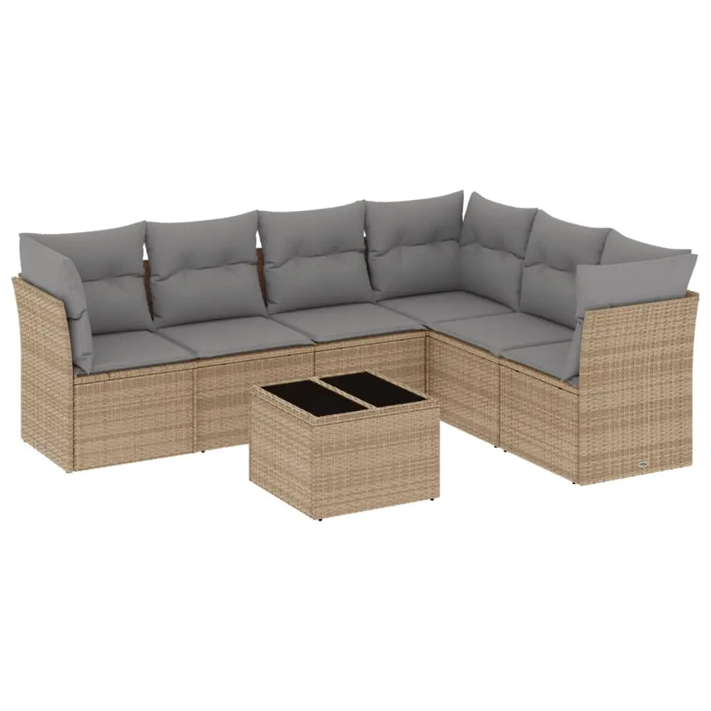 7 Piece Garden Sofa Set with Cushions Beige Poly Rattan 3217689 - Furniture