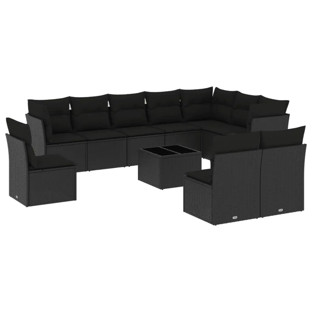 11 Piece Garden Sofa Set with Cushions Black Poly Rattan 3217805 - Furniture