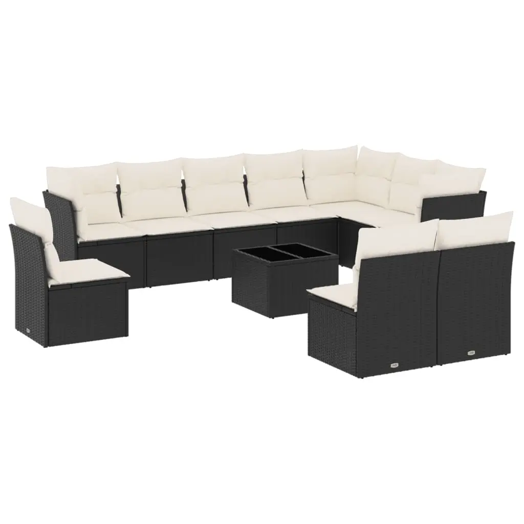 11 Piece Garden Sofa Set with Cushions Black Poly Rattan 3217806 - Furniture