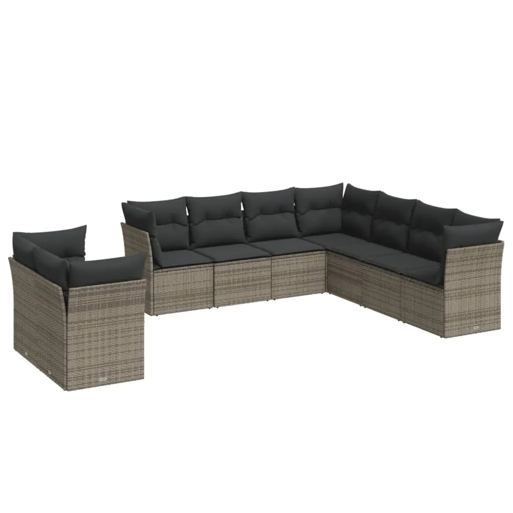 9 Piece Garden Sofa Set with Cushions Grey Poly Rattan 3217840 - Furniture