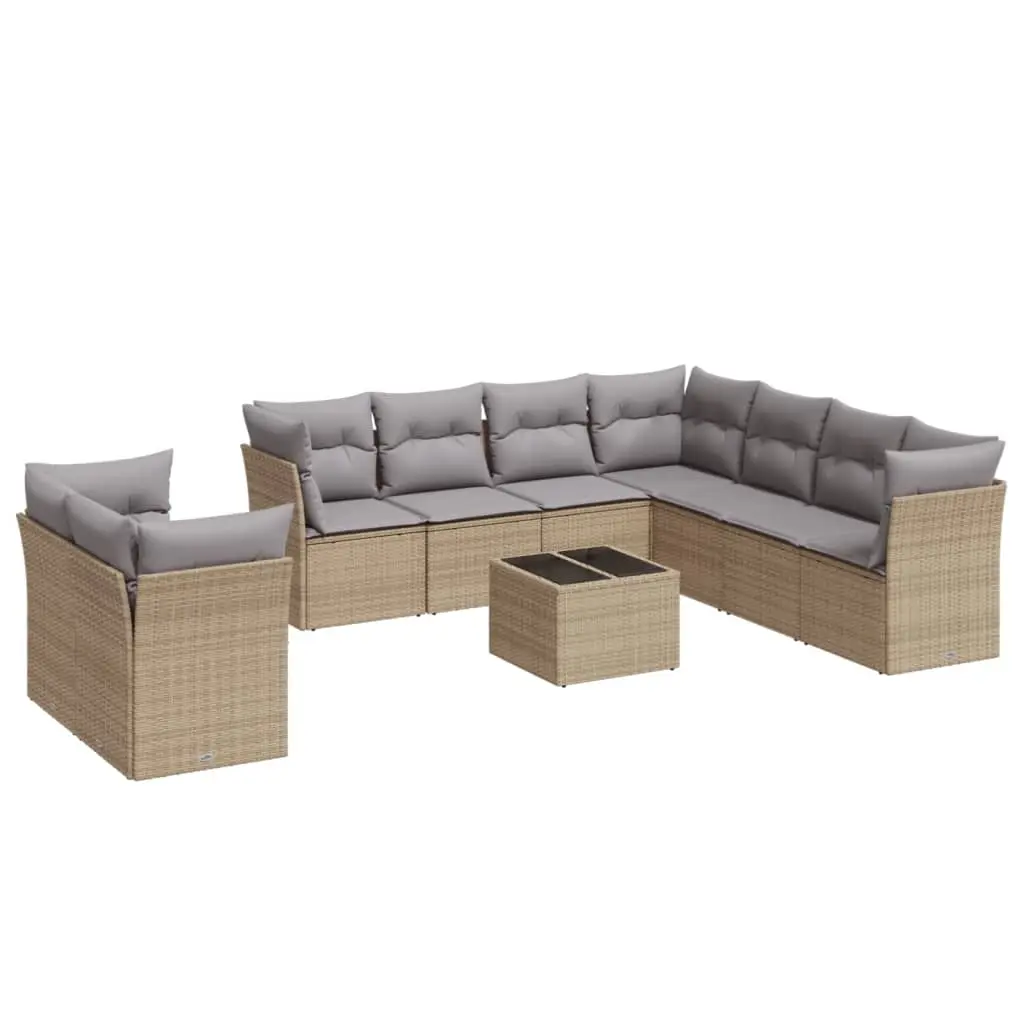 10 Piece Garden Sofa Set with Cushions Beige Poly Rattan 3217849 - Furniture