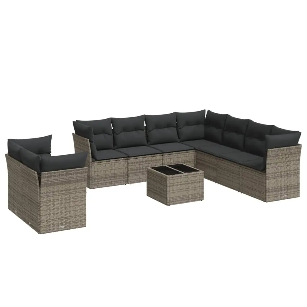 10 Piece Garden Sofa Set with Cushions Grey Poly Rattan 3217850 - Furniture