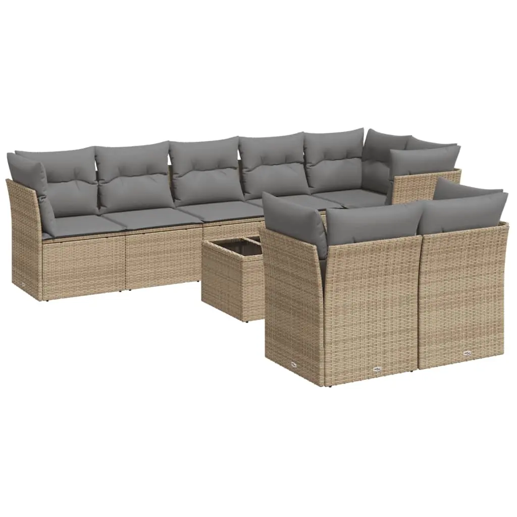 9 Piece Garden Sofa Set with Cushions Beige Poly Rattan 3217919 - Furniture
