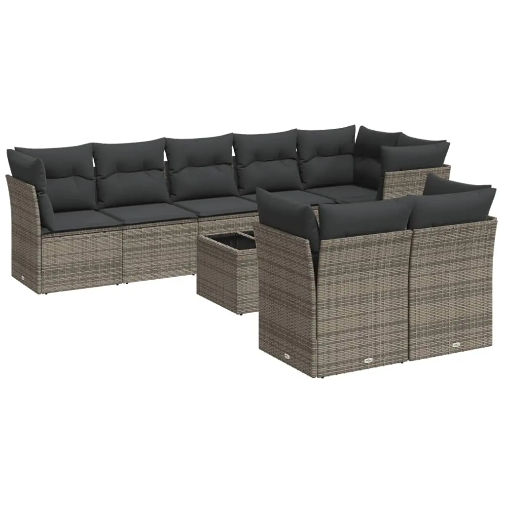 9 Piece Garden Sofa Set with Cushions Grey Poly Rattan 3217920 - Furniture