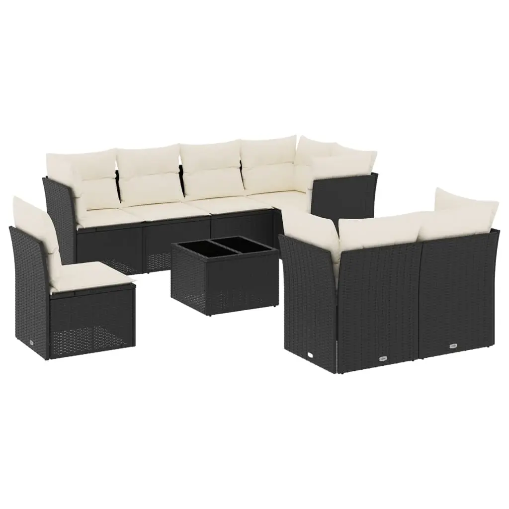 9 Piece Garden Sofa Set with Cushions Black Poly Rattan 3217936 - Furniture