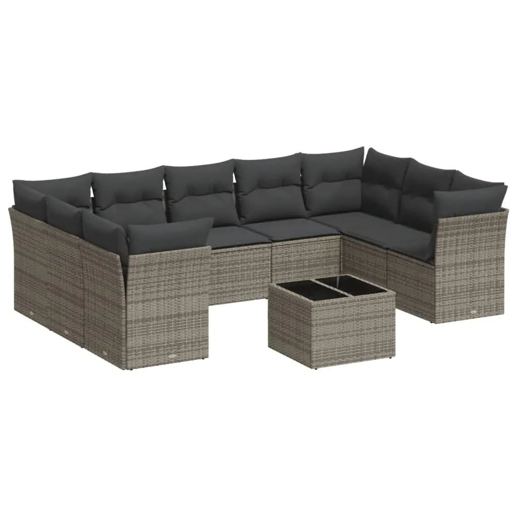 10 Piece Garden Sofa Set with Cushions Grey Poly Rattan 3218140 - Furniture