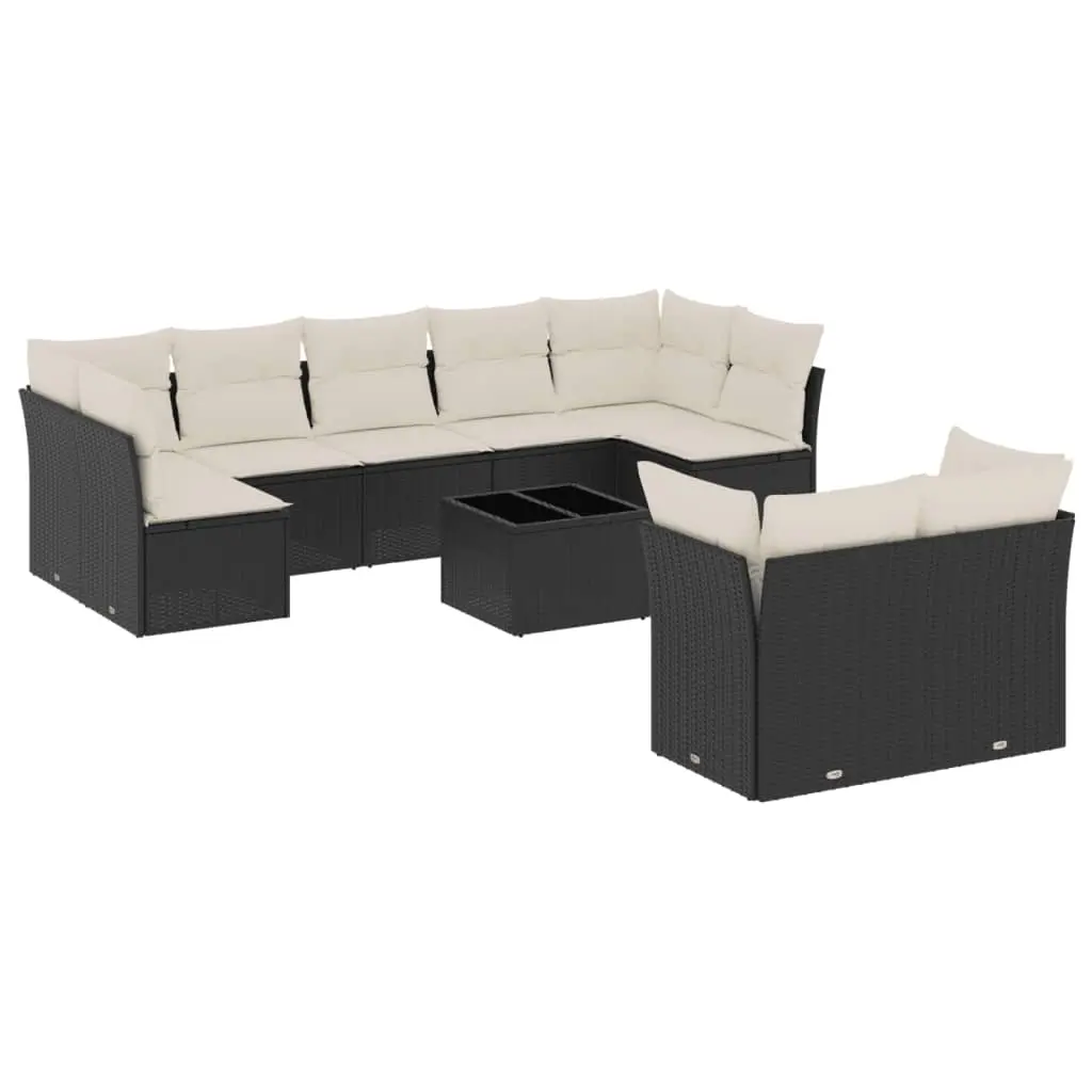 10 Piece Garden Sofa Set with Cushions Black Poly Rattan 3218156 - Furniture